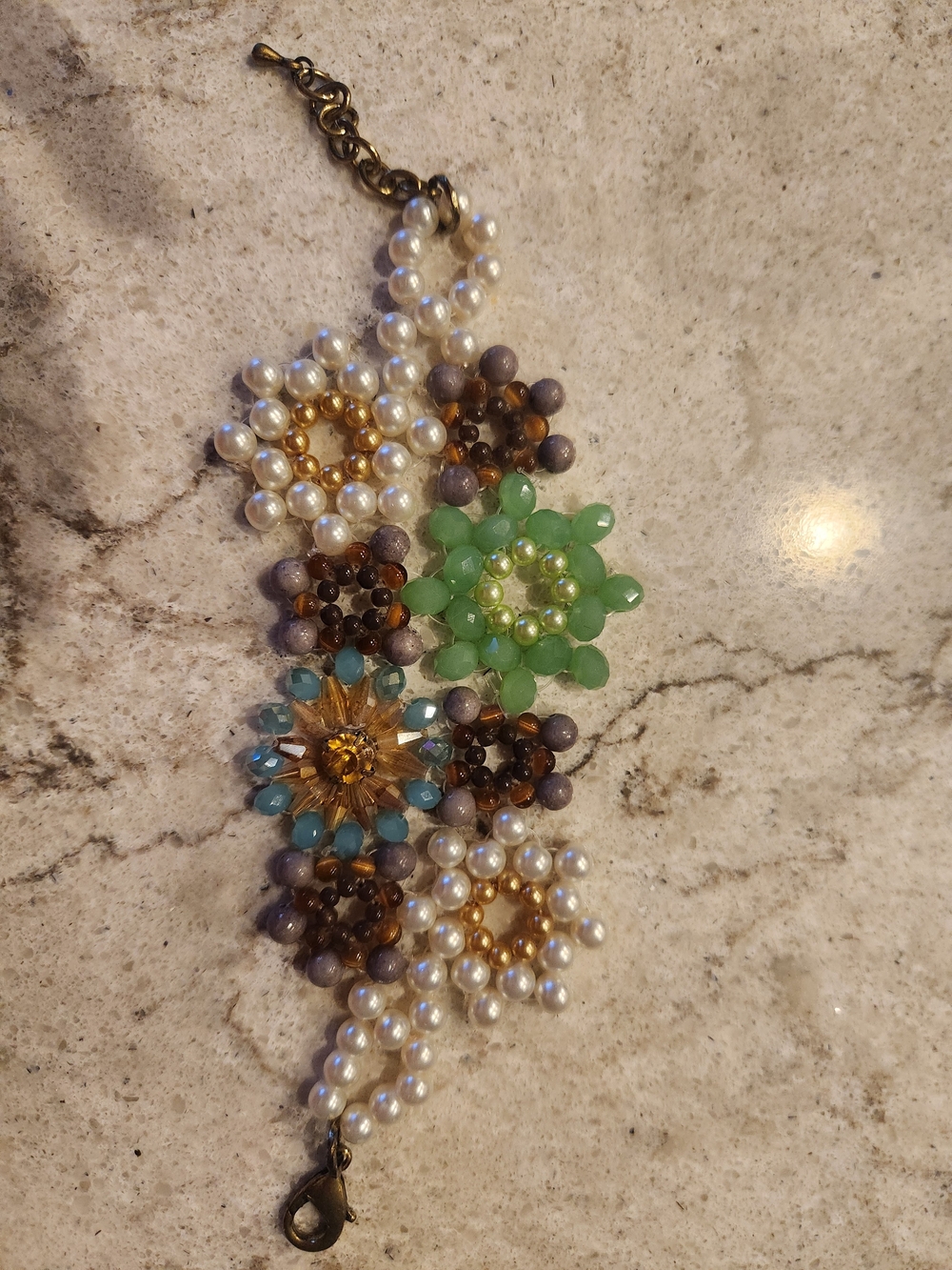Handcrafted Floral Pearl and Bead Bracelet - Green, Gold, Blue Accents